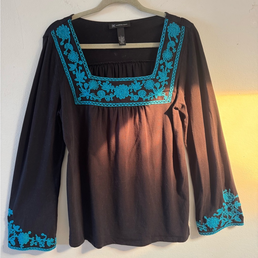 INC size large black blouse w beautiful turquoise embroidery